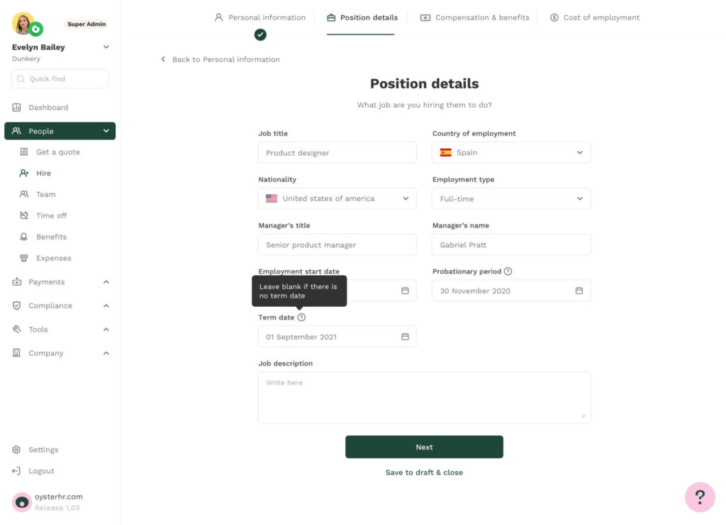 Oyster HR Position Details