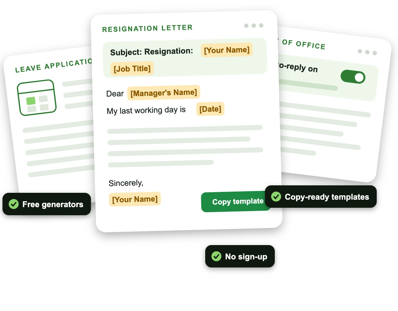 Illustration of free HR templates: a resignation letter, a leave application and an out of office reply