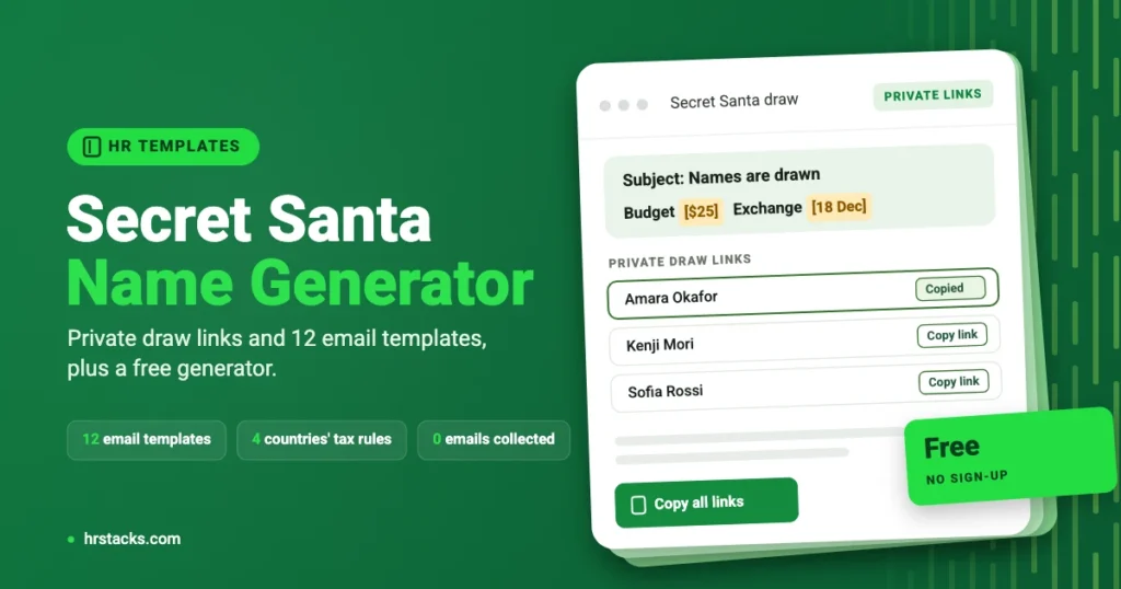 Office Secret Santa email templates and free name draw generator by HR Stacks