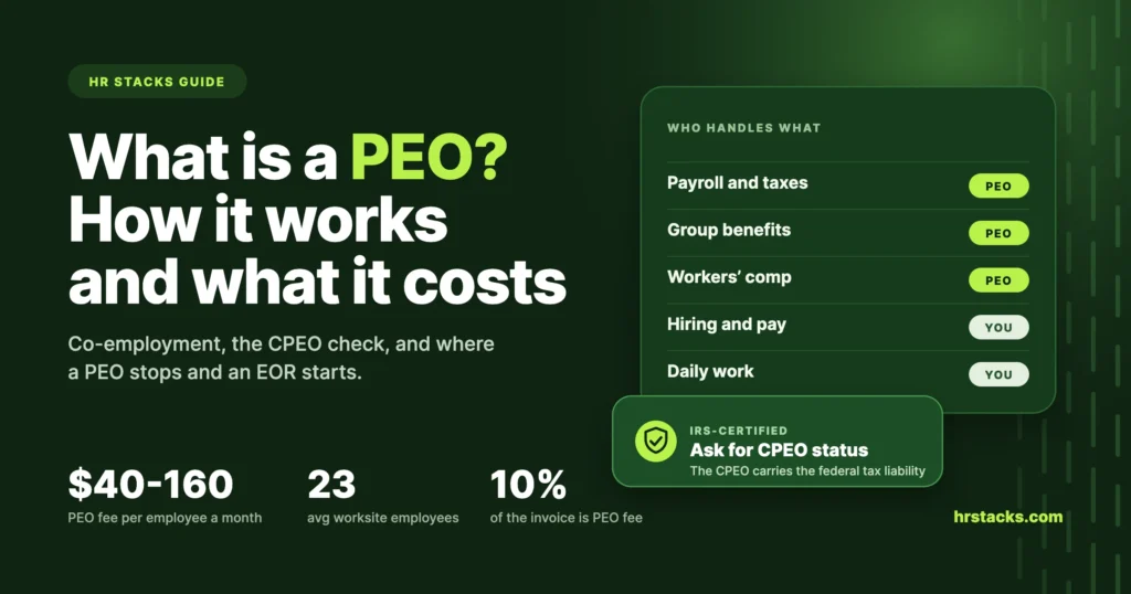 Dark green graphic titled What is a PEO, showing which tasks a PEO handles and which stay with you, with a CPEO check badge