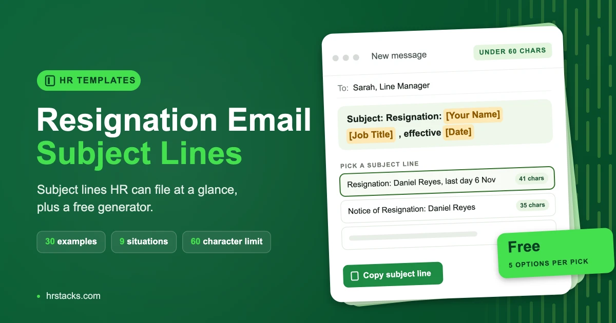 Resignation email subject line generator by HR Stacks